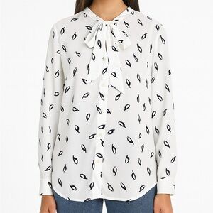 H&M Women’s Blouse White with Black teardrop pattern bow tie Size 6 Shirt Button